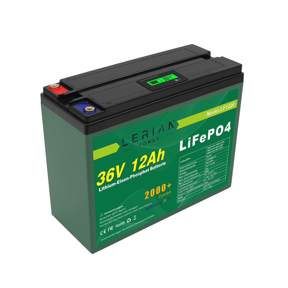 LiFePO4 Akku 36V 12Ah 20A Lithium-Eisen-Phosphat Batterie, 339,00 €
